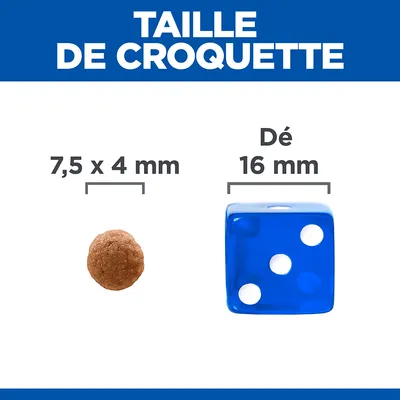 Taille de croquette : 7,5 x 4 mm à côté d’un dé bleu de 16 mm pour comparaison visuelle. Texte visible : 'TAILLE DE CROQUETTE', '7,5 x 4 mm', 'Dé 16 mm'.