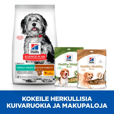 Hill's Science Plan Perfect Weight & Active Mobility koiranruoka sekä Healthy Weight ja Healthy Mobility -makupalat. Teksti: Kokeile herkullisia kuivaruokia ja makupaloja.