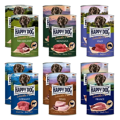 Happy Dog Sensible Pure konzerv válogatás: Neuseeland (Lamm), Montana (Pferd), Italy (Büffel), Germany (Rind), Texas (Truthahn), France (Ente). Made in Germany felirat látható.