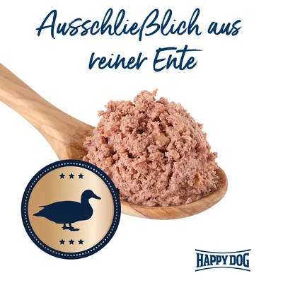 Happy Dog. Ausschliesslich aus reiner Ente, Abbildung von Entenfleisch auf Holzlöffel und Siegel mit Entensymbol.