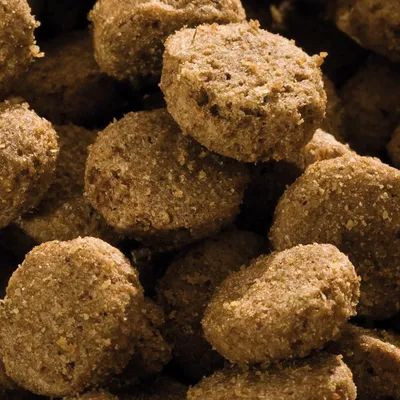 Primer plano de croquetas de pienso seco marrones, redondas y de textura granulada.
