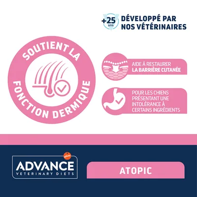 Advance Veterinary Diets Atopic. Soutient la fonction cutanée, aide à renouveler la barrière de la peau, pour les chiens présentant une intolérance à certains ingrédients. Développé par des vétérinaires. Advance Veterinary Diets Atopic. Soutient la fonction cutanée, aide à renouveler la barrière de la peau, pour les chiens présentant une intolérance à certains ingrédients. Développé par des vétérinaires.