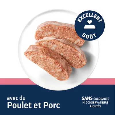 Trois tranches de viande sur une assiette, texte : avec du poulet et du porc, sans colorants ni conservateurs, goût excellent. Trois tranches de viande sur une assiette, texte : avec du poulet et du porc, sans colorants ni conservateurs, goût excellent.