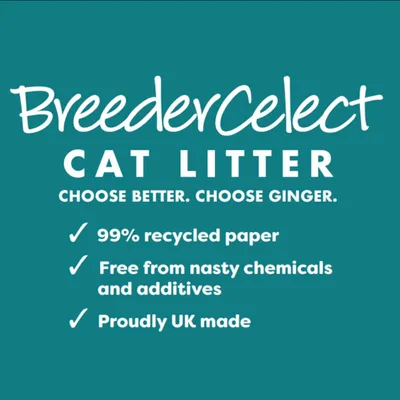BreederCelect cat litter. 99% recycled paper, free from nasty chemicals and additives, proudly UK made. Choose better. Choose ginger.