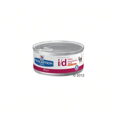 Burk med Hill's Prescription Diet i/d Feline Gastrointestinal Health with Chicken, 156 g. Synlig kattbild och varumärkeslogotyp på etiketten.