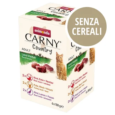 Animonda Carny Country Adult Land-Vielfalt, 6 x 100 g. Gusti: manzo, anatra e renna; tacchino, manzo e cervo; manzo, agnello e fagiano. Testo visibile: SENZA CEREALI.