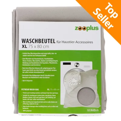 zooplus Waschbeutel XL 75 x 80 cm per accessori animali, sacco lavaggio in poliestere, testo tedesco e inglese sulla confezione, etichetta arancione Top Seller visibile