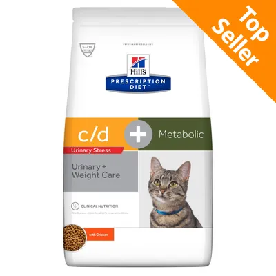Hill's Prescription Diet c/d + Metabolic Urinary Stress Urinary + Weight Care con pollo, immagine di un gatto, etichetta Top Seller visibile sulla confezione.