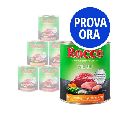 Confezioni di Rocco Menu, alimento umido per cani. Testo visibile: 'Beef, poultry, vegetables & rice', 'PROVA ORA' su cerchio blu.