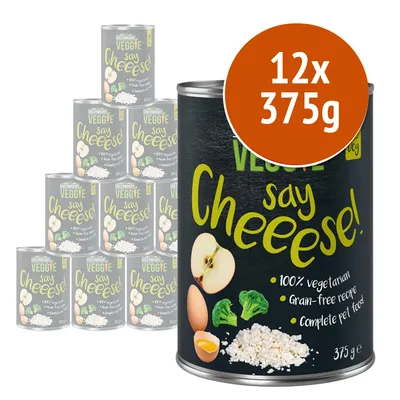Greenwoods Veggie say Cheeese! 12x375g, alimento completo per animali, 100% vegetarian, grain-free recipe. Immagine di lattine con mela, uovo, broccoli e formaggio visibili sull'etichetta.