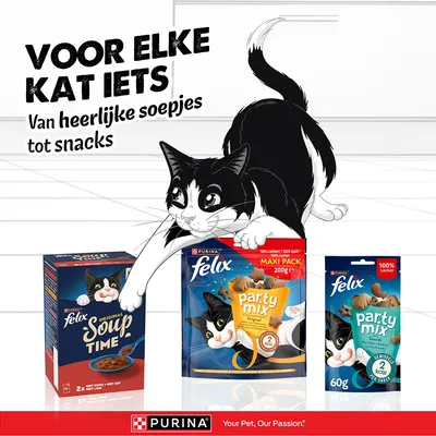 Felix Original Soup Time, Felix Party Mix Maxi Pack 200g, en Felix Party Mix 60g. Tekst: Voor elke kat iets, van heerlijke soepjes tot snacks. PURINA. Felix Original Soup Time, Felix Party Mix Maxi Pack 200g, en Felix Party Mix 60g. Tekst: Voor elke kat iets, van heerlijke soepjes tot snacks. PURINA.