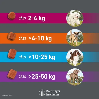 Tabela de dosagem para cães: 2–4 kg, >4–10 kg, >10–25 kg, >25–50 kg. Boehringer Ingelheim visível.