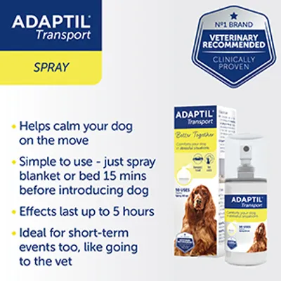 Adaptil Transport Spray helps calm dogs on the move, easy to use by spraying blanket or bed 15 minutes before, effects last up to 5 hours, ideal for short-term events like vet visits.