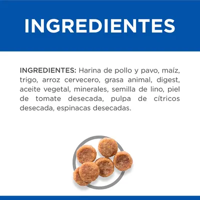 Ingredientes: harina de pollo y pavo, maíz, trigo, arroz cervecero, grasa animal, digest, aceite vegetal, minerales, semilla de lino, tomate, cítricos y espinacas desecadas. Imagen de croquetas.