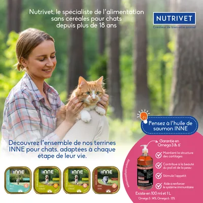 Nutrivet, spécialiste alimentation sans céréales pour chats. INNE terrines chat, huile de saumon INNE, garantie Oméga 3 & 6, existe en 100 ml et 1 L. Quatre variétés de terrines visibles.