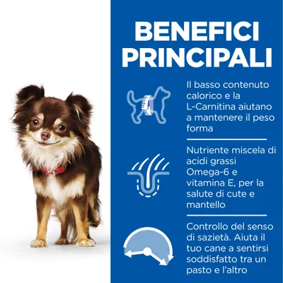 Benefici principali: basso contenuto calorico e L-Carnitina per il peso forma, acidi grassi Omega-6 e vitamina E per cute e mantello, controllo del senso di sazietà.