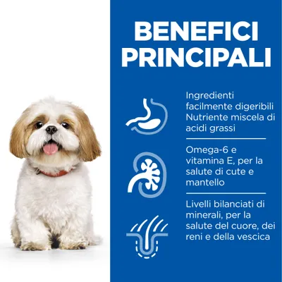 BENEFICI PRINCIPALI: ingredienti facilmente digeribili, miscela di acidi grassi, omega-6 e vitamina E per cute e mantello, minerali bilanciati per cuore, reni e vescica.