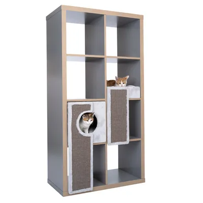 Regalsystem mit integrierten Kratzflächen und Höhle für Katzen. Zwei Katzen nutzen die Kratz- und Ruhebereiche des Regals.