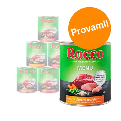 Scatoletta Rocco Menu, testo visibile: 'Beef, poultry, vegetables & rice', 800 g. Etichetta arancione con scritta 'Provami!'. Immagine di carne, verdure e riso.