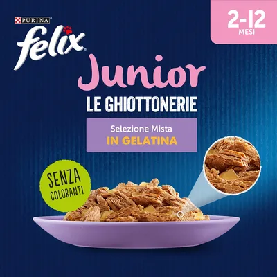 Purina Felix Junior Le Ghiottonerie, selezione mista in gelatina per gatti 2–12 mesi, senza coloranti. Immagine di cibo su piatto viola.