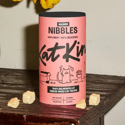 KatKin Nibbles 100% salmon fillet freeze-dried cat treats, 266 calories, 30g protein, 0g carbs per 50g pack. 100% meat. 100% delicious.