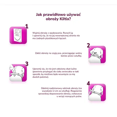 Instrukcja użycia obroży Kiltix: wyjmij z opakowania, załóż na szyję psa, dopasuj tak, by można było wsunąć dwa palce, odetnij nadmiarowy odcinek 2 cm za szlufką.