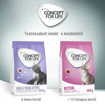 Concept for Life macskaeledel: Mum & Young Kittens 400 g, 6 hetes kortól; Kitten 400 g, 12 hónapos korig. Testreszabott eledel - a kezdetektől.