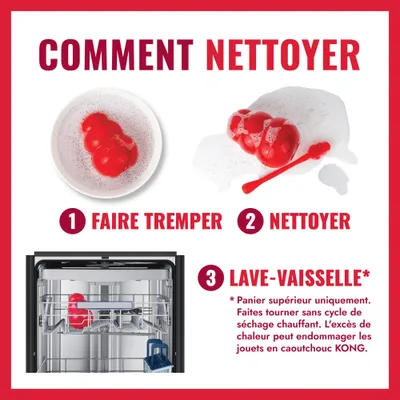 Instructions de nettoyage : 1. Faire tremper, 2. Nettoyer avec une brosse, 3. Compatible lave-vaisselle dans le panier supérieur sans séchage à chaud, une chaleur excessive peut endommager les jouets en caoutchouc KONG. Instructions de nettoyage : 1. Faire tremper, 2. Nettoyer avec une brosse, 3. Compatible lave-vaisselle dans le panier supérieur sans séchage à chaud, une chaleur excessive peut endommager les jouets en caoutchouc KONG.