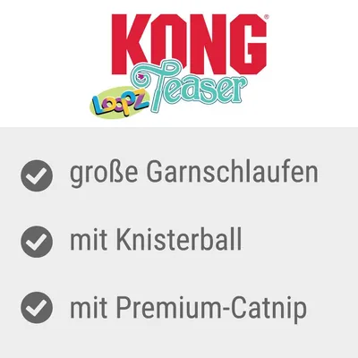 KONG Teaser Loopz. große Garnschlaufen, mit Knisterball, mit Premium-Catnip. Texte en allemand.