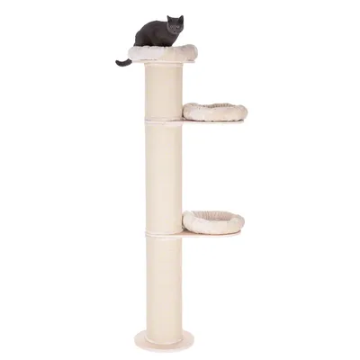 Cat tree with three resting surfaces made of light-coloured fabric, a cat sits on the top platform.