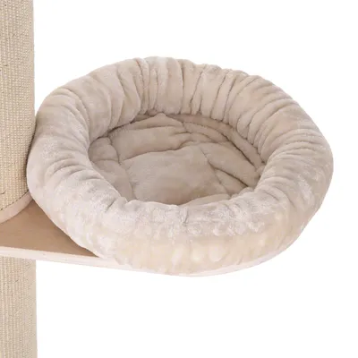 Beige, round plush bed on a wooden platform, suitable for cat trees or elevated resting areas.