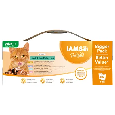 IAMS Delights Land & Sea Collection kattemad, Adult 1+, 48x85g. Varianter: kylling & kalkun, lam & rød peber, tun & ærter, laks & torsk. Bigger Pack Better Value.