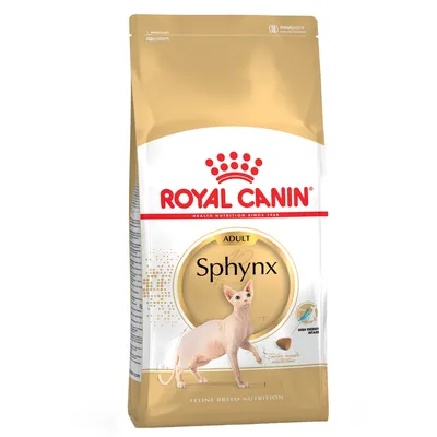 Royal Canin Adult Sphynx cat food, specially for Sphynx cats. Packaging shows a Sphynx cat and notes tailored nutrition and high energy intake.