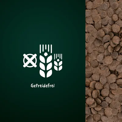 Symbol für Getreidefrei mit durchgestrichenem Korn und Schriftzug 'Getreidefrei' neben braunen Trockenfutterstücken.