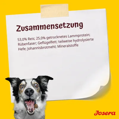 Zusammensetzung: 53,0% Reis; 25,0% getrocknetes Lammprotein; Rübenfaser; Geflügelfett; teilweise hydrolysierte Hefe; Johannisbrotmehl; Mineralstoffe. Marke: Josera.