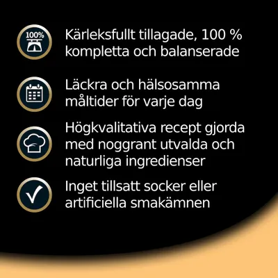 Kärleksfullt tillagade, 100 % kompletta och balanserade. Läckra och hälsosamma måltider för varje dag. Högkvalitativa recept med naturliga ingredienser. Inget tillsatt socker eller artificiella smakämnen.