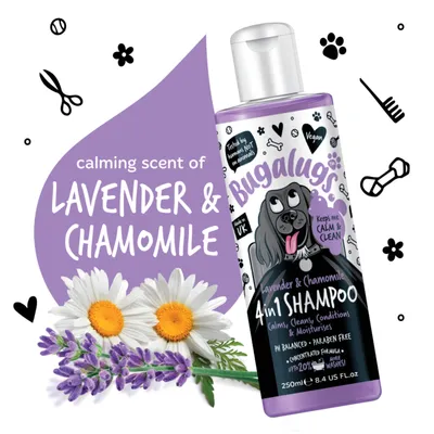 Bugalugs 4 in 1 shampoo with calming scent of lavender and chamomile, vegan, pH balanced, paraben free, cleans, conditions, moisturises, tested by humans not on animals.