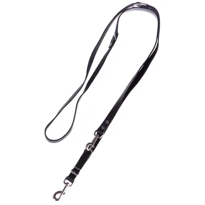 Schwarze Hundeleine aus Leder mit verstellbarer Länge und Metallkarabinerhaken.