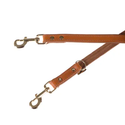 Dog lead made of brown leather with metal carabiners and studs, double-stitched for stability.