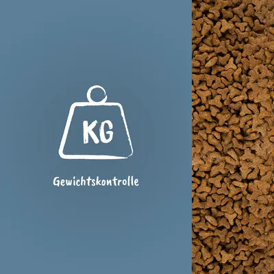 Gewichtskontrolle KG (texte en allemand) avec image de croquettes marron à droite. Texte signifie contrôle du poids, non traduit sur l’image.