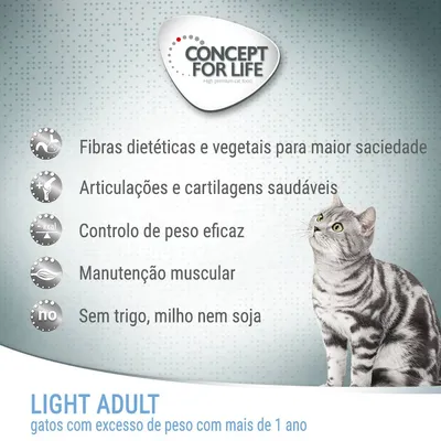 Concept for Life. Fibras dietéticas e vegetais, articulações e cartilagens saudáveis, controlo de peso eficaz, manutenção muscular, sem trigo, milho nem soja. Light Adult gatos.