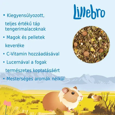 Lillebro. Kiegyensúlyozott, teljes értékű táp tengerimalacoknak. Magok és pelletek keveréke, C-vitamin hozzáadásával, lucernával, mesterséges aromák nélkül.