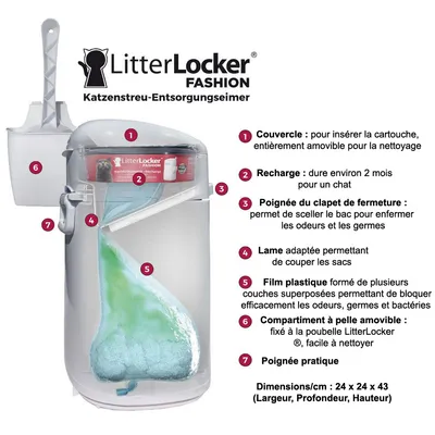 LitterLocker FASHION, schéma avec légendes : couvercle amovible, recharge 2 mois, poignée de fermeture, lame coupe-sac, film plastique multicouche, compartiment à pelle, dimensions 24×24×43 cm.