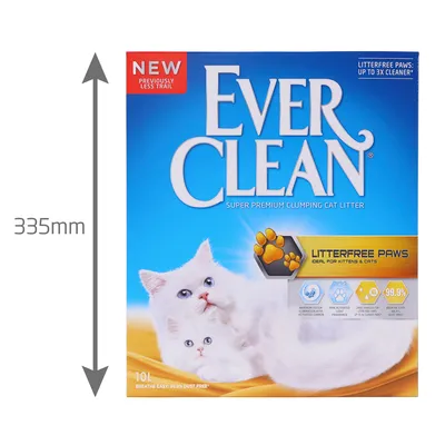 Опаковка Ever Clean Litterfree Paws, супер премиум слепваща котешка тоалетна, 10 л, размер 335 мм. Видими текстове: NEW, Litterfree Paws, 99.9% dust free.