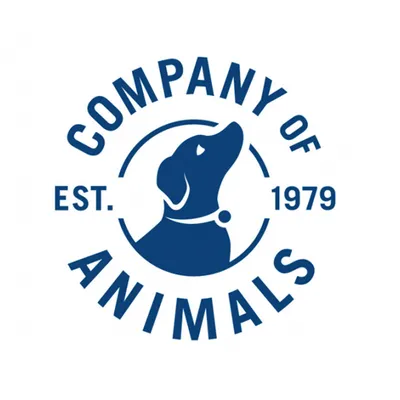 Company of Animals, Est. 1979, logo se psem v modrém designu.