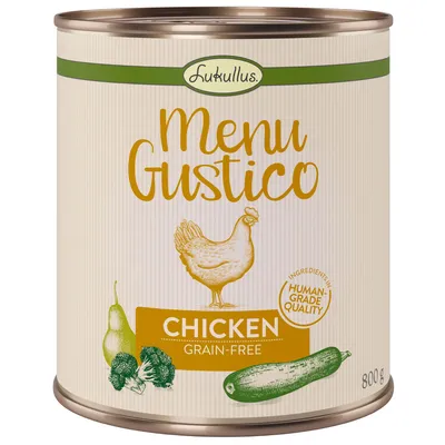 Lukullus Menu Gustico, chicken, grain-free, human-grade quality, 800g can with images of chicken, broccoli, pear and courgette.