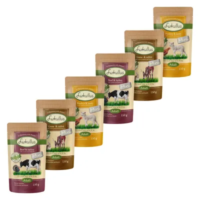 Lukullus Adult Mini Nassfutter, Sorten: Rind & Truthahn, Geflügel & Lamm, Wild & Kaninchen, 150 g Beutel. In Harmony with Nature.