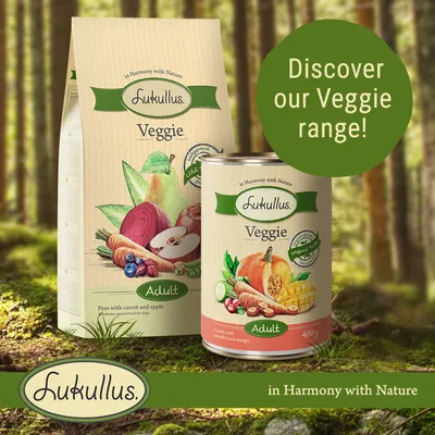 Lukullus Veggie range with peas, carrot and apple for adults, and cans with carrots, pumpkin and mango. Text: Discover our Veggie range! In Harmony with Nature.
