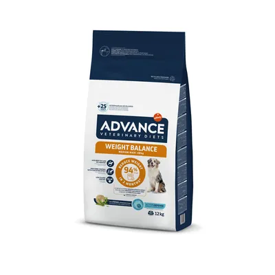 Saco de 12 kg Advance Veterinary Diets Weight Balance Medium Maxi +10 kg. Texto visível: 'Reduce weight 94% in 2 months', imagem de cão, informações nutricionais e selo Acti-Defense.