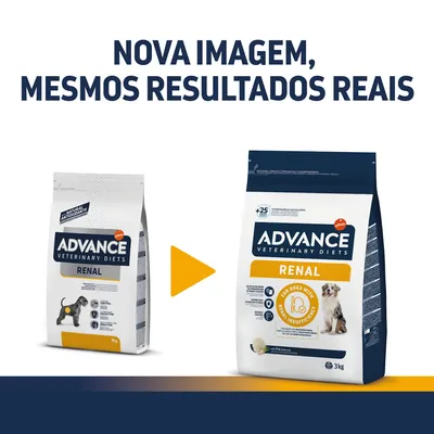 Comparação de embalagens Advance Veterinary Diets Renal 3 kg para cães, com texto: 'Nova imagem, mesmos resultados reais'. Ambas as embalagens visíveis lado a lado.